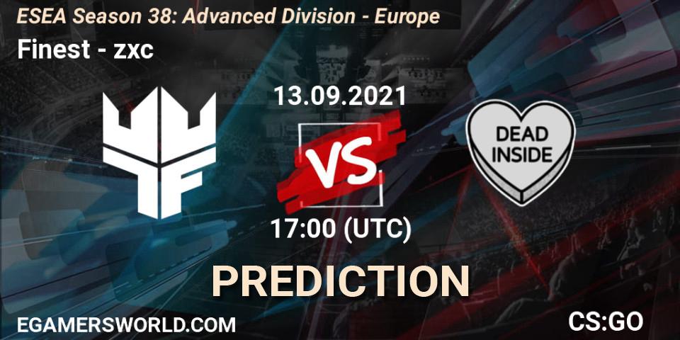 Prognose für das Spiel Finest VS zxc. 13.09.2021 at 17:00. Counter-Strike (CS2) - ESEA Season 38: Advanced Division - Europe