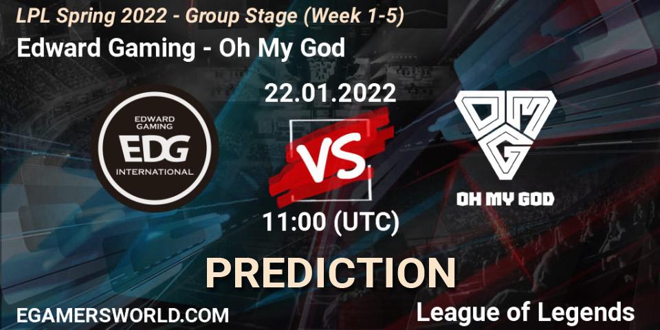 Prognose für das Spiel Edward Gaming VS Oh My God. 22.01.2022 at 11:45. LoL - LPL Spring 2022 - Group Stage (Week 1-5)