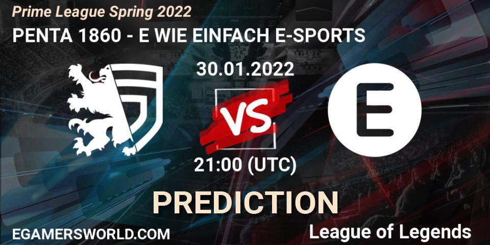 Prognose für das Spiel PENTA 1860 VS E WIE EINFACH E-SPORTS. 30.01.2022 at 17:00. LoL - Prime League Spring 2022