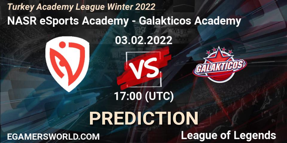 Prognose für das Spiel NASR eSports Academy VS Galakticos Academy. 03.02.2022 at 17:00. LoL - Turkey Academy League Winter 2022
