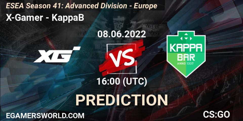 Prognose für das Spiel X-Gamer VS KappaB. 08.06.2022 at 16:00. Counter-Strike (CS2) - ESEA Season 41: Advanced Division - Europe