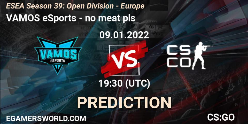 Prognose für das Spiel VAMOS eSports VS no meat pls. 09.01.2022 at 17:00. Counter-Strike (CS2) - ESEA Season 39: Open Division - Europe