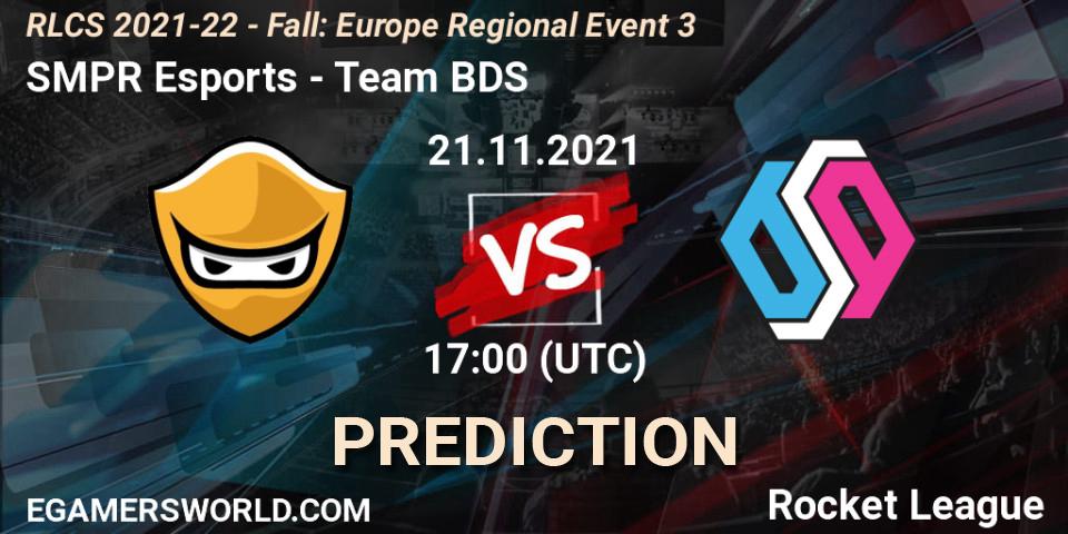 Prognose für das Spiel SMPR Esports VS Team BDS. 21.11.2021 at 17:00. Rocket League - RLCS 2021-22 - Fall: Europe Regional Event 3