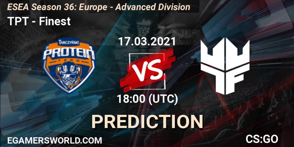 Prognose für das Spiel TPT VS Finest. 17.03.2021 at 18:00. Counter-Strike (CS2) - ESEA Season 36: Europe - Advanced Division