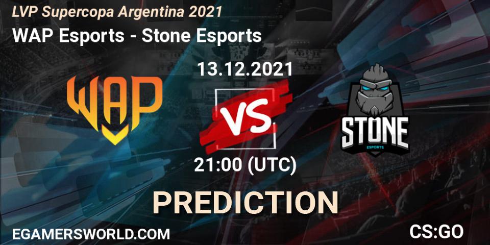 Prognose für das Spiel WAP Esports VS Stone Esports. 13.12.2021 at 23:30. Counter-Strike (CS2) - LVP Supercopa Argentina 2021