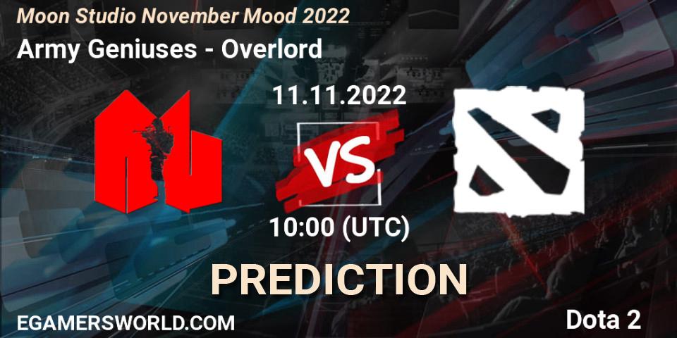 Prognose für das Spiel Army Geniuses VS Overlord. 11.11.2022 at 11:00. Dota 2 - Moon Studio November Mood 2022