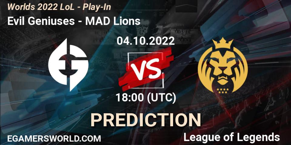 Prognose für das Spiel Evil Geniuses VS MAD Lions. 04.10.2022 at 18:00. LoL - Worlds 2022 LoL - Play-In