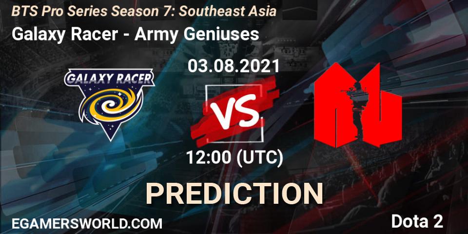 Prognose für das Spiel Galaxy Racer VS Army Geniuses. 03.08.2021 at 12:34. Dota 2 - BTS Pro Series Season 7: Southeast Asia