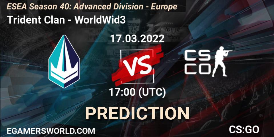 Prognose für das Spiel Trident Clan VS WorldWid3. 17.03.2022 at 17:00. Counter-Strike (CS2) - ESEA Season 40: Advanced Division - Europe