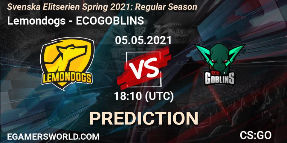 Prognose für das Spiel Lemondogs VS ECOGOBLINS. 06.05.2021 at 18:10. Counter-Strike (CS2) - Svenska Elitserien Spring 2021: Regular Season