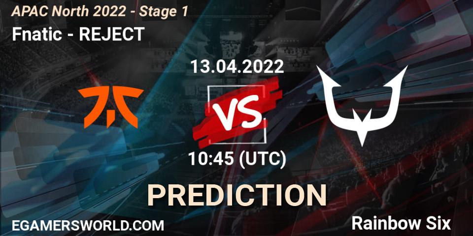 Prognose für das Spiel Fnatic VS REJECT. 13.04.2022 at 10:45. Rainbow Six - APAC North 2022 - Stage 1