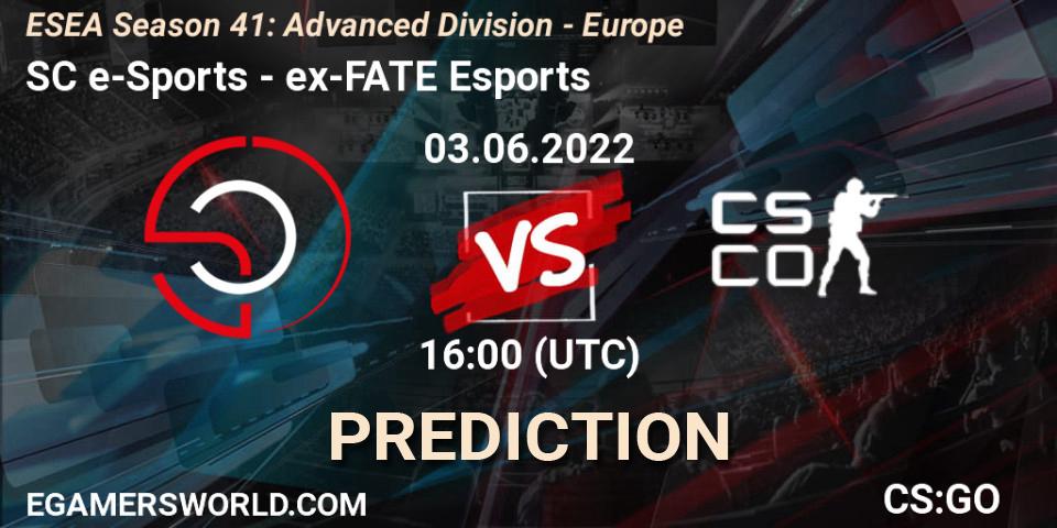 Prognose für das Spiel SC e-Sports VS ex-FATE Esports. 03.06.2022 at 16:00. Counter-Strike (CS2) - ESEA Season 41: Advanced Division - Europe