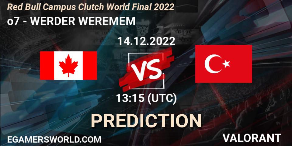 Prognose für das Spiel o7 VS WERDER WEREMEM. 14.12.2022 at 13:15. VALORANT - Red Bull Campus Clutch World Final 2022