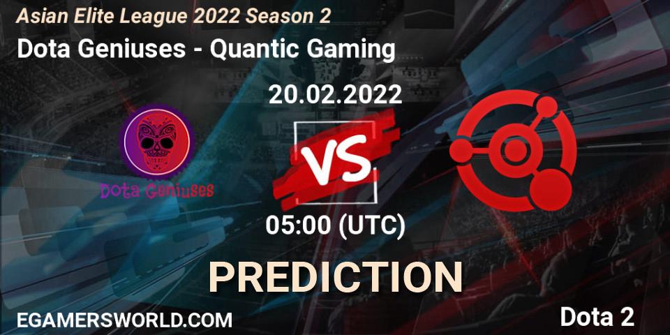 Prognose für das Spiel Dota Geniuses VS Quantic Gaming. 20.02.2022 at 04:59. Dota 2 - Asian Elite League 2022 Season 2