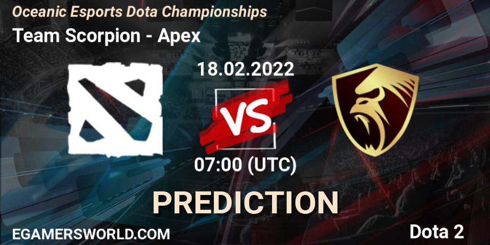 Prognose für das Spiel Team Scorpion VS Apex. 18.02.2022 at 07:18. Dota 2 - Oceanic Esports Dota Championships