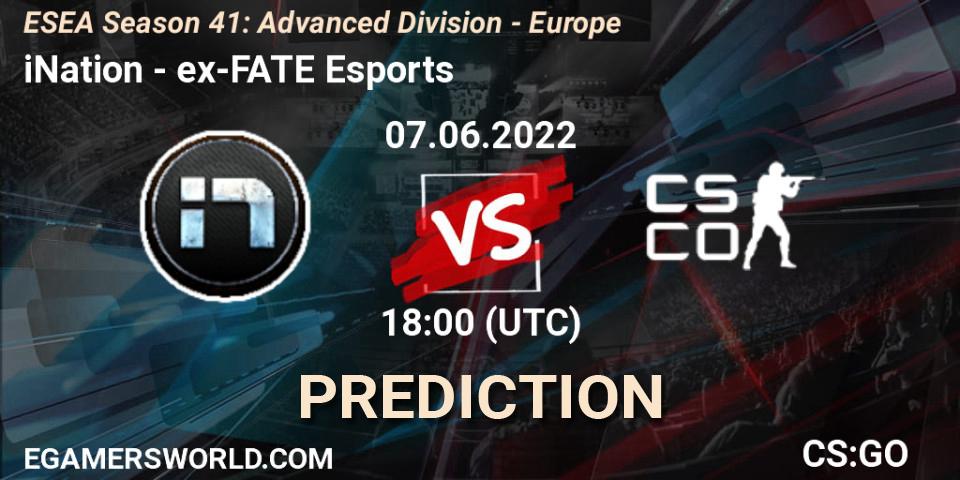 Prognose für das Spiel iNation VS ex-FATE Esports. 07.06.2022 at 18:00. Counter-Strike (CS2) - ESEA Season 41: Advanced Division - Europe