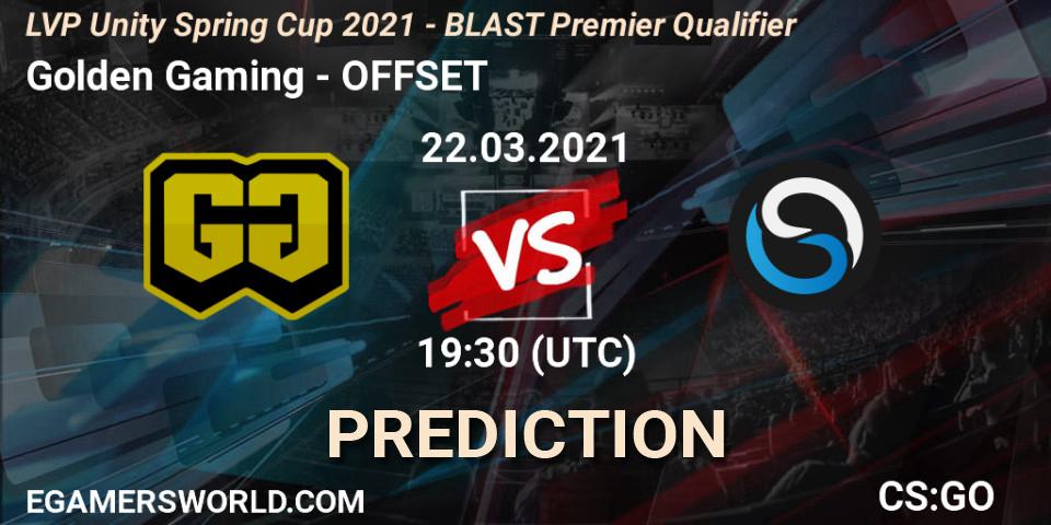 Prognose für das Spiel Golden Gaming VS OFFSET. 22.03.2021 at 19:30. Counter-Strike (CS2) - LVP Unity Cup Spring 2021 - BLAST Premier Qualifier