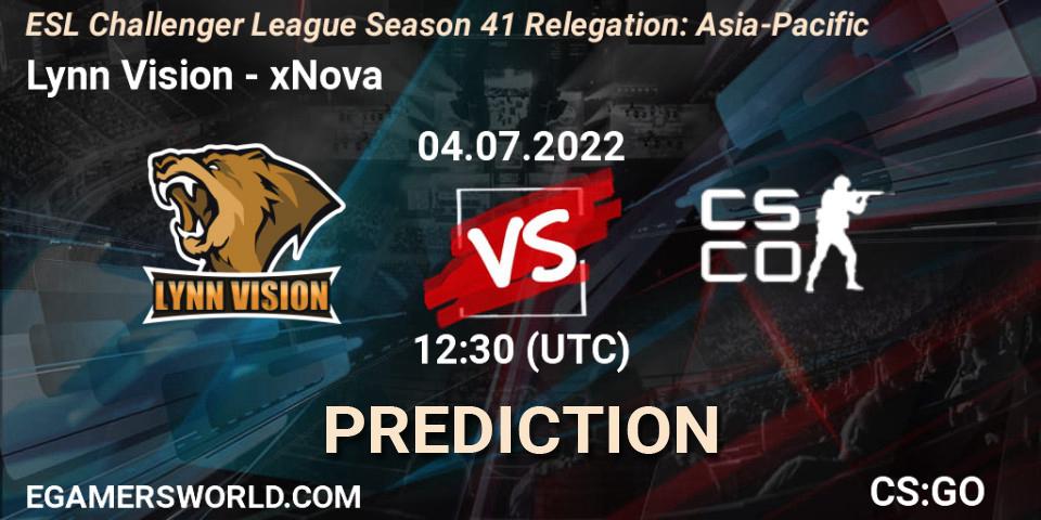 Prognose für das Spiel Lynn Vision VS xNova. 04.07.2022 at 12:30. Counter-Strike (CS2) - ESL Challenger League Season 41 Relegation: Asia-Pacific