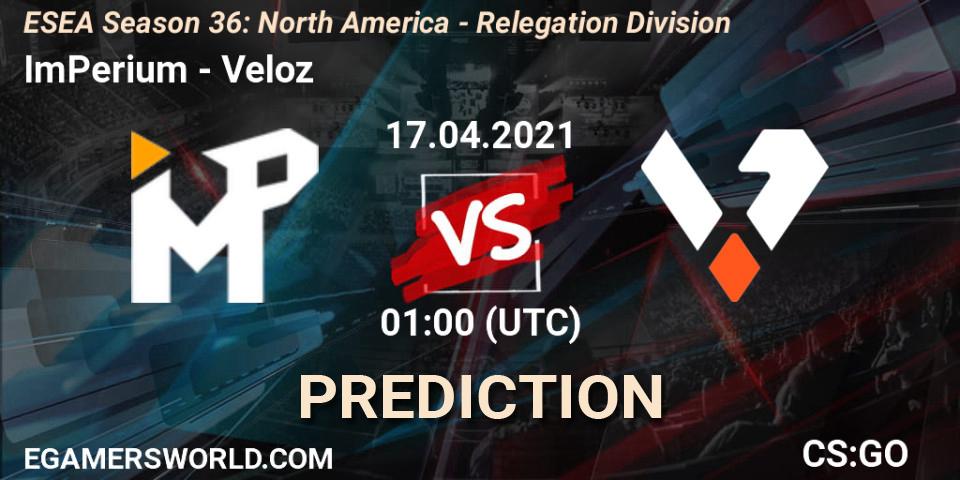 Prognose für das Spiel ImPerium VS Veloz. 17.04.21. CS2 (CS:GO) - ESEA Season 36: North America - Relegation Division
