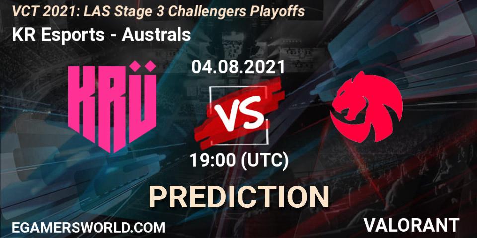 Prognose für das Spiel KRÜ Esports VS Australs. 04.08.2021 at 21:00. VALORANT - VCT 2021: LAS Stage 3 Challengers Playoffs
