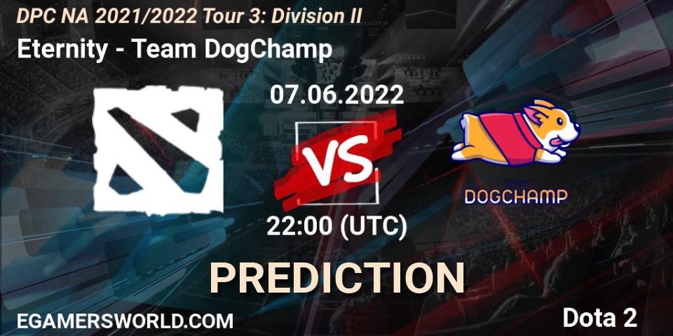Prognose für das Spiel Eternity VS Team DogChamp. 07.06.2022 at 22:54. Dota 2 - DPC NA 2021/2022 Tour 3: Division II