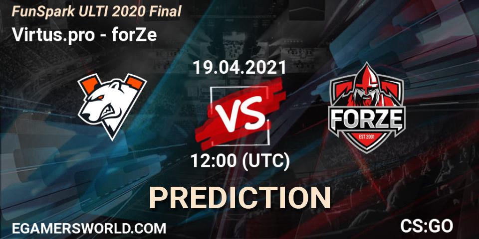 Prognose für das Spiel Virtus.pro VS forZe. 19.04.2021 at 12:00. Counter-Strike (CS2) - Funspark ULTI 2020 Finals