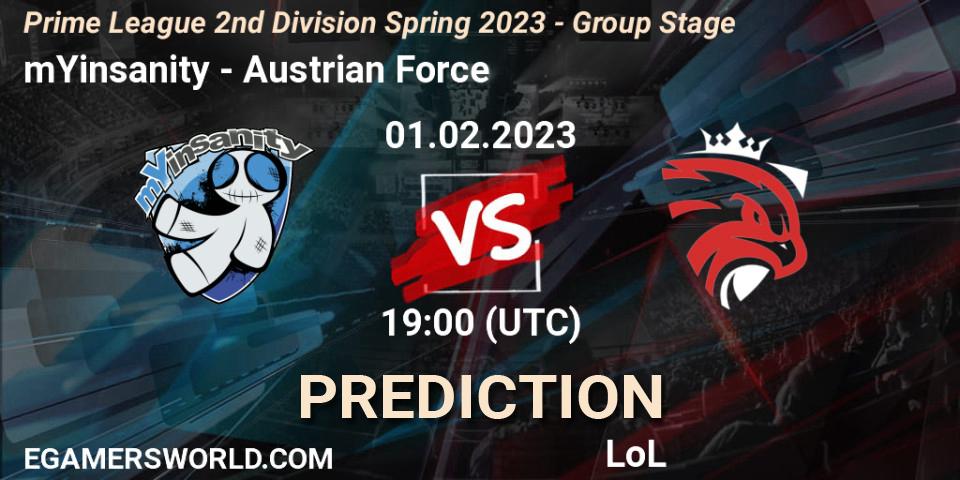 Prognose für das Spiel mYinsanity VS Austrian Force. 01.02.23. LoL - Prime League 2nd Division Spring 2023 - Group Stage