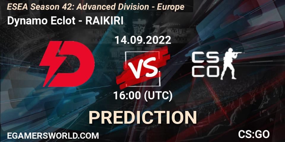 Prognose für das Spiel Dynamo Eclot VS RAIKIRI. 14.09.2022 at 16:00. Counter-Strike (CS2) - ESEA Season 42: Advanced Division - Europe