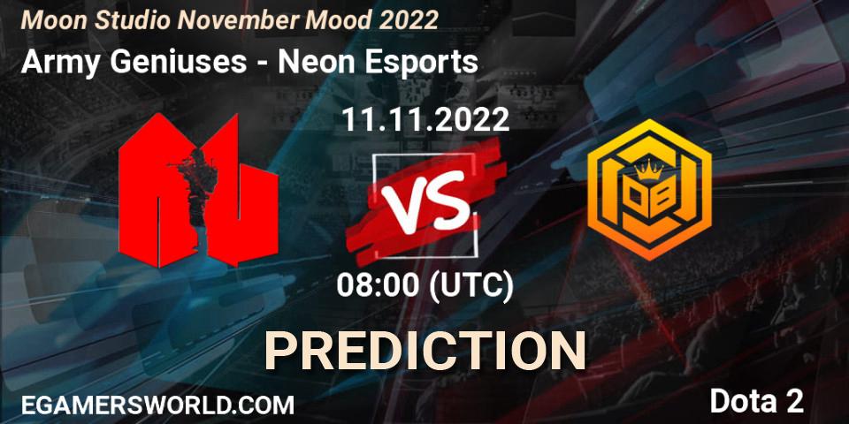 Prognose für das Spiel Army Geniuses VS Neon Esports. 11.11.2022 at 08:23. Dota 2 - Moon Studio November Mood 2022
