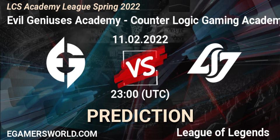 Prognose für das Spiel Evil Geniuses Academy VS Counter Logic Gaming Academy. 11.02.2022 at 23:00. LoL - LCS Academy League Spring 2022
