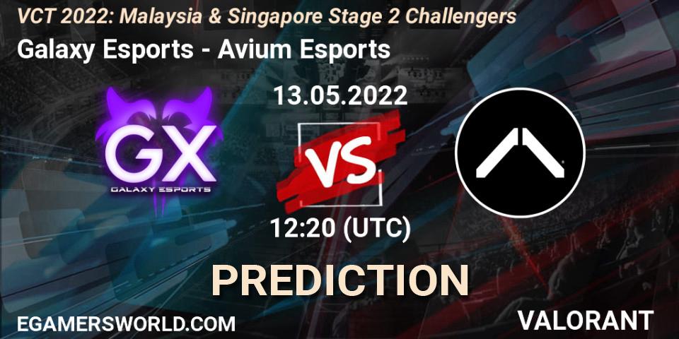 Prognose für das Spiel Galaxy Esports VS Avium Esports. 13.05.2022 at 12:20. VALORANT - VCT 2022: Malaysia & Singapore Stage 2 Challengers
