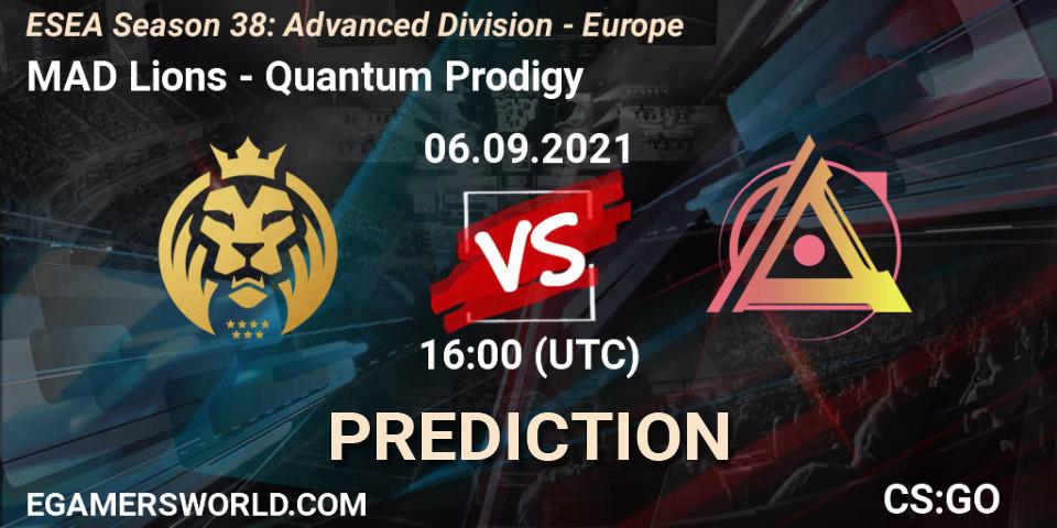 Prognose für das Spiel MAD Lions VS Quantum Prodigy. 06.09.2021 at 16:00. Counter-Strike (CS2) - ESEA Season 38: Advanced Division - Europe