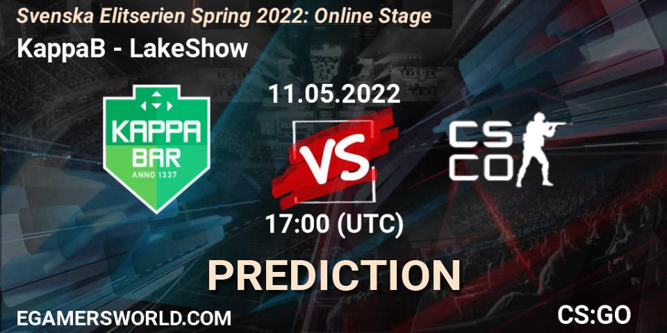 Prognose für das Spiel KappaB VS LakeShow. 11.05.2022 at 17:00. Counter-Strike (CS2) - Svenska Elitserien Spring 2022: Online Stage