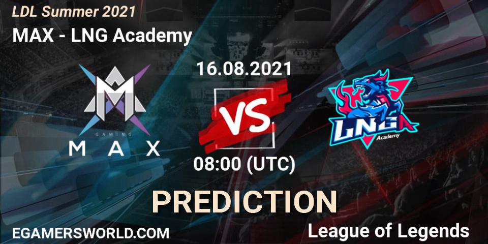Prognose für das Spiel MAX VS LNG Academy. 16.08.2021 at 09:20. LoL - LDL Summer 2021