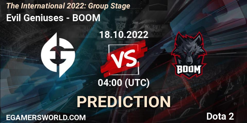 Prognose für das Spiel Evil Geniuses VS BOOM. 18.10.2022 at 04:32. Dota 2 - The International 2022: Group Stage