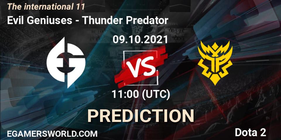 Prognose für das Spiel Evil Geniuses VS Thunder Predator. 09.10.2021 at 11:15. Dota 2 - The Internationa 2021