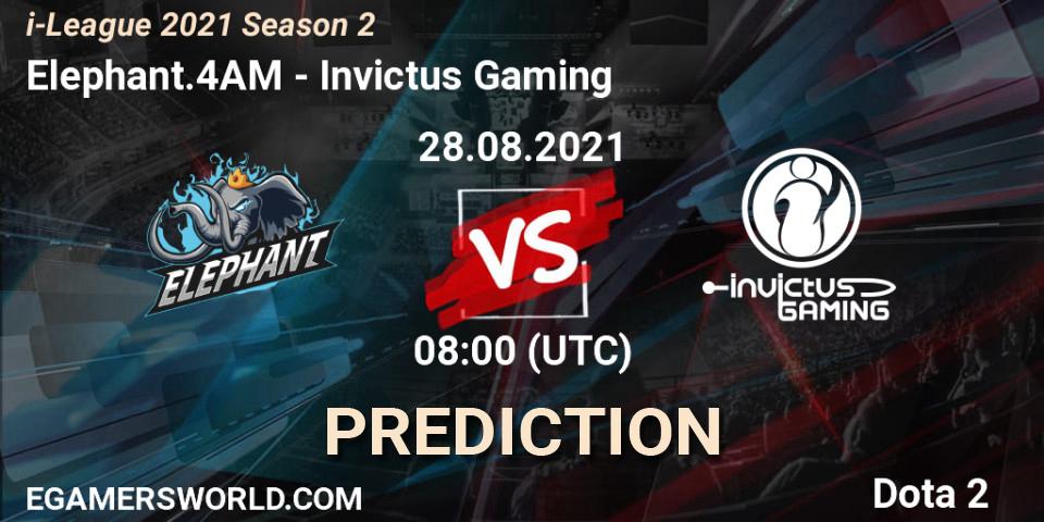 Prognose für das Spiel Elephant.4AM VS Invictus Gaming. 28.08.2021 at 08:04. Dota 2 - i-League 2021 Season 2