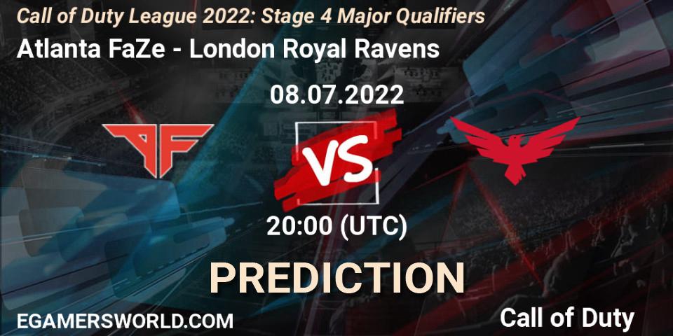 Prognose für das Spiel Atlanta FaZe VS London Royal Ravens. 08.07.2022 at 20:00. Call of Duty - Call of Duty League 2022: Stage 4