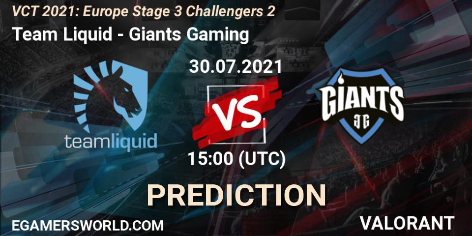 Prognose für das Spiel Team Liquid VS Giants Gaming. 30.07.2021 at 15:00. VALORANT - VCT 2021: Europe Stage 3 Challengers 2