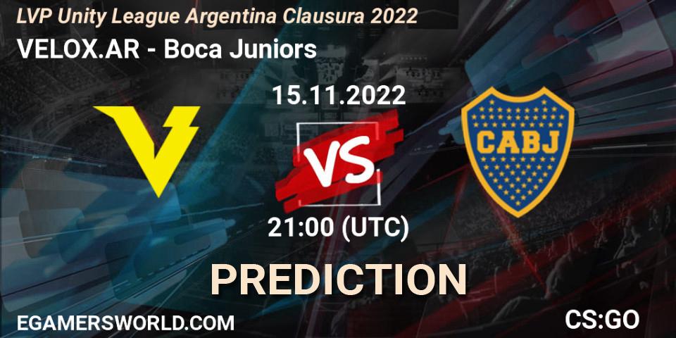 Prognose für das Spiel VELOX.AR VS Boca Juniors. 15.11.2022 at 21:00. Counter-Strike (CS2) - LVP Unity League Argentina Clausura 2022