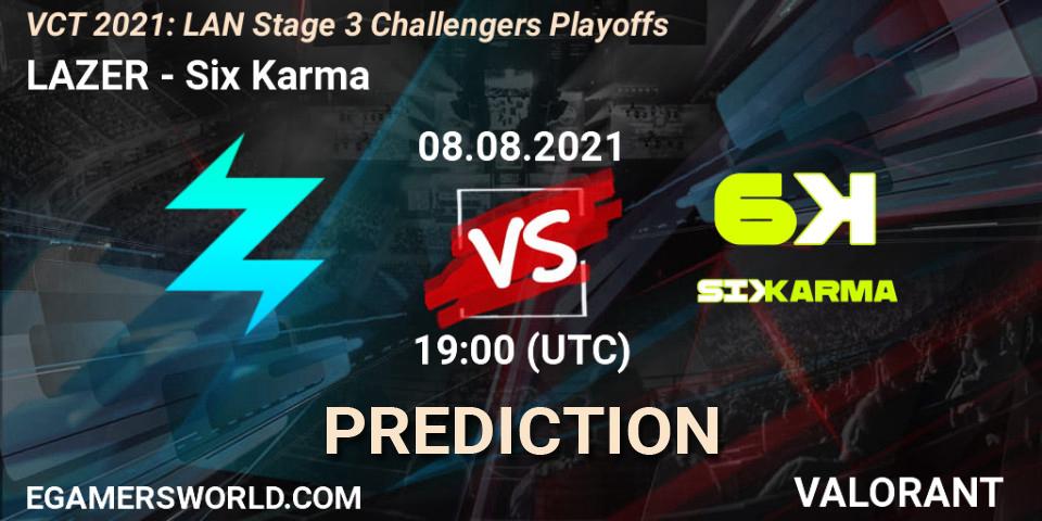 Prognose für das Spiel LAZER VS Six Karma. 08.08.2021 at 19:00. VALORANT - VCT 2021: LAN Stage 3 Challengers Playoffs