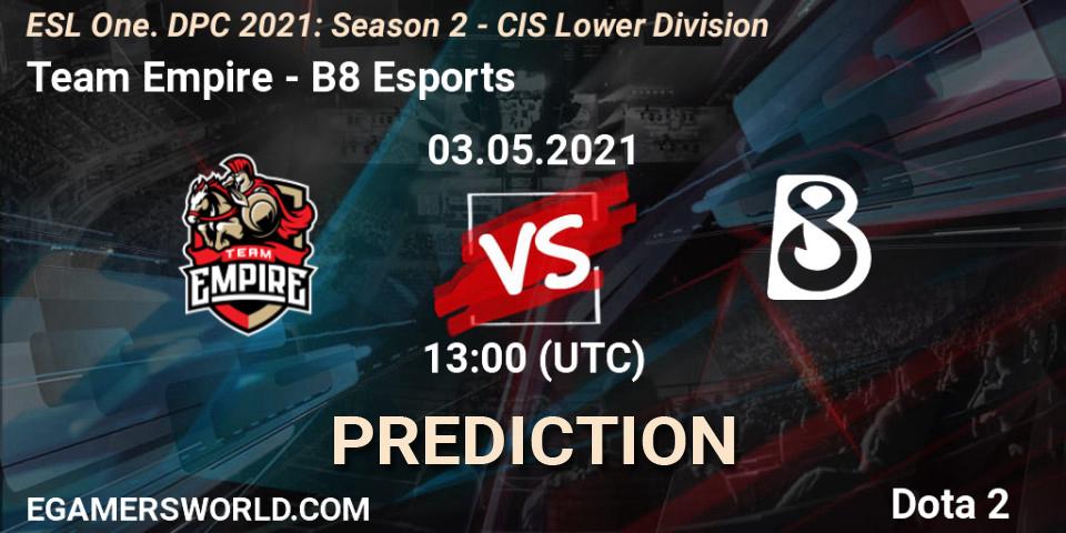 Prognose für das Spiel Team Empire VS B8 Esports. 03.05.2021 at 12:55. Dota 2 - ESL One. DPC 2021: Season 2 - CIS Lower Division