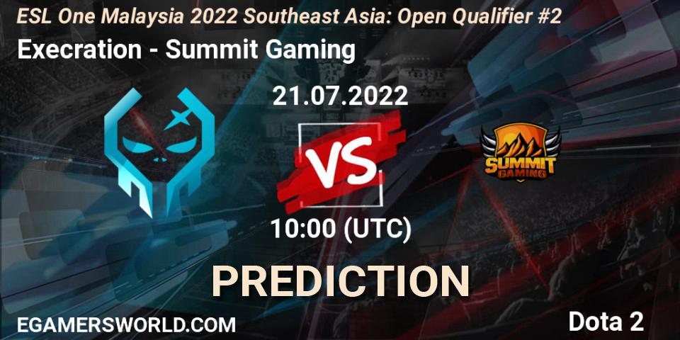Prognose für das Spiel Execration VS Summit Gaming. 21.07.2022 at 10:00. Dota 2 - ESL One Malaysia 2022 Southeast Asia: Open Qualifier #2