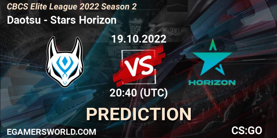 Prognose für das Spiel Daotsu VS Stars Horizon. 19.10.2022 at 20:40. Counter-Strike (CS2) - CBCS Elite League 2022 Season 2