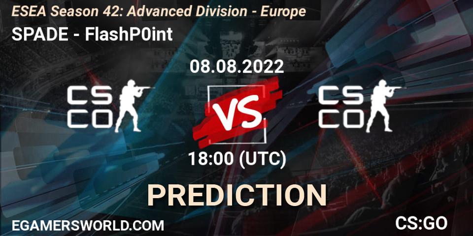 Prognose für das Spiel SPADE VS FlashP0int. 24.08.2022 at 15:00. Counter-Strike (CS2) - ESEA Season 42: Advanced Division - Europe