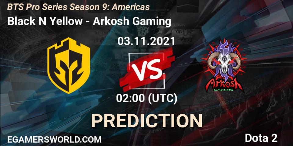 Prognose für das Spiel Black N Yellow VS Arkosh Gaming. 03.11.2021 at 03:07. Dota 2 - BTS Pro Series Season 9: Americas