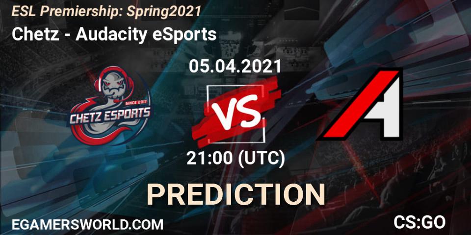 Prognose für das Spiel Chetz VS Audacity eSports. 05.04.2021 at 20:00. Counter-Strike (CS2) - ESL Premiership: Spring 2021