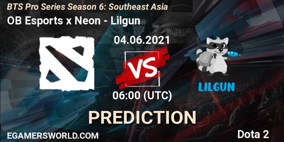 Prognose für das Spiel OB Esports x Neon VS Lilgun. 04.06.2021 at 06:22. Dota 2 - BTS Pro Series Season 6: Southeast Asia