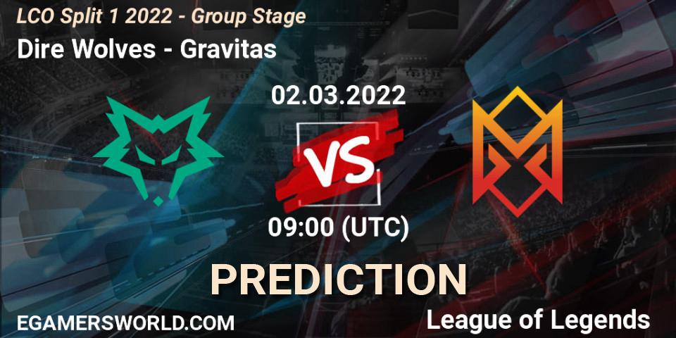 Prognose für das Spiel Dire Wolves VS Gravitas. 02.03.2022 at 09:00. LoL - LCO Split 1 2022 - Group Stage 