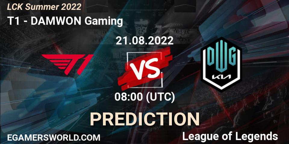 Prognose für das Spiel T1 VS DAMWON Gaming. 21.08.2022 at 08:00. LoL - LCK Summer 2022